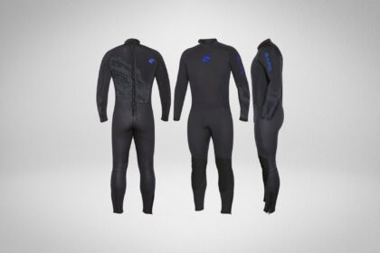BARE 5mm Velocity Ultra men's full wetsuit in black with blue logos, shown from three angles