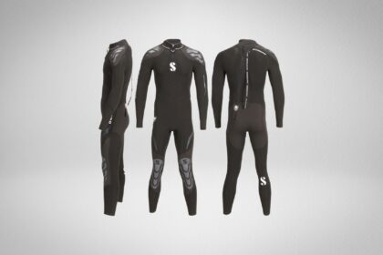Scubapro Everflex 3mm men's full wetsuit in black shown from the side, front and back