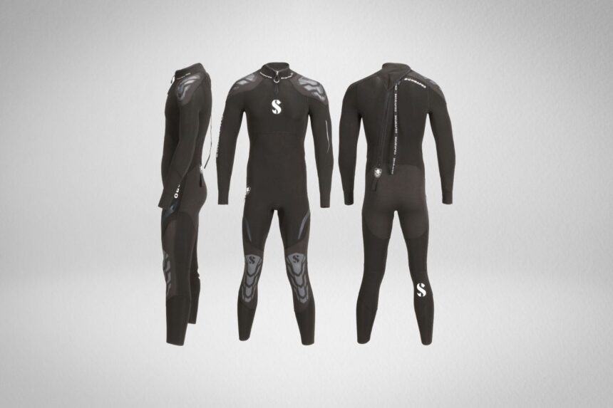 Scubapro Everflex 3mm men's full wetsuit in black shown from the side, front and back