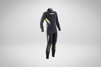 Cressi Castoro mens 5mm wetsuit, a black back-zip full suit with yellow and grey chest and knee accents