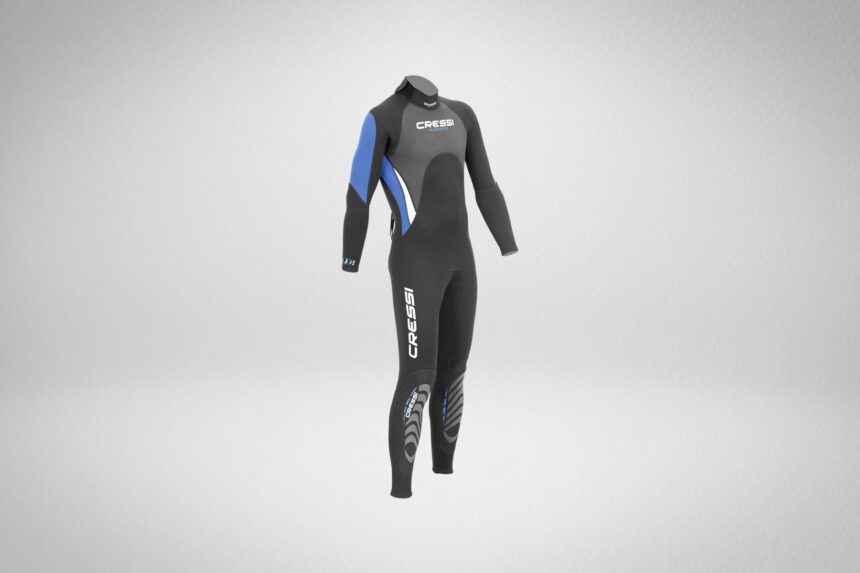 Cressi Morea 3mm mens wetsuit in black with blue and grey shoulder panels, shown from the front