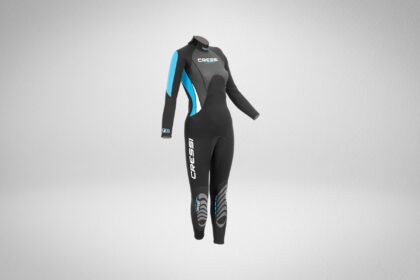 Cressi Morea 3mm womens wetsuit in black with light blue shoulder, arm and lower leg accents