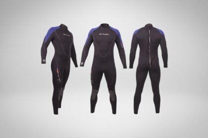 Henderson Thermoprene 7mm mens wetsuit in black with blue shoulders, shown from three angles including the back zip