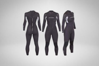 Henderson Thermoprene 7mm womens wetsuit in plain black, shown from the back, front and side