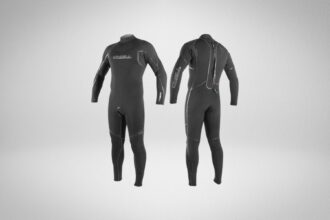 O'Neill Dive Sector 7mm mens wetsuit in black, shown from the front and from the back with its full-length zip