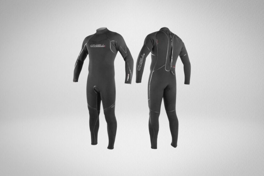 O'Neill Dive Sector 7mm mens wetsuit in black, shown from the front and from the back with its full-length zip