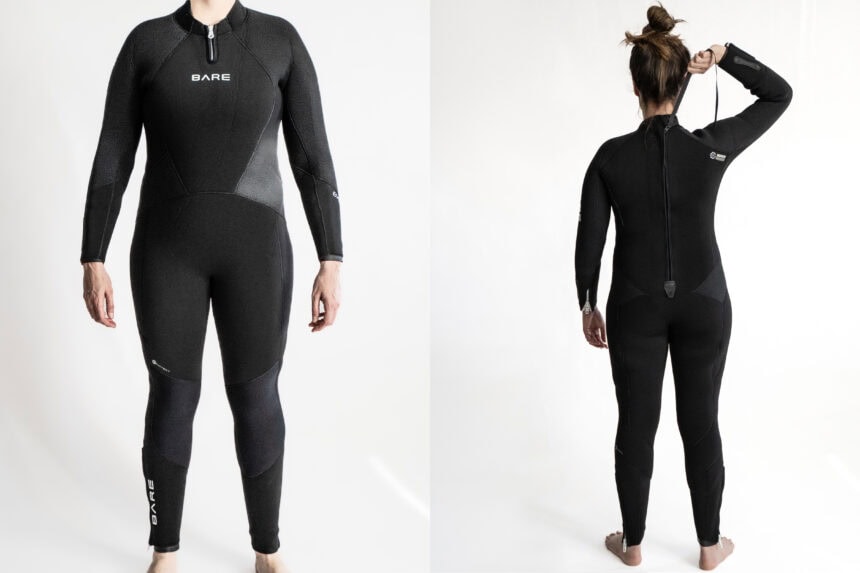 Bare Evoke Womens Wetsuit Front and Back Bare Evoke womens wetsuit shown front and back, with the diver reaching for the back zip pull
