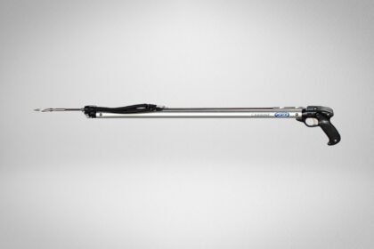 JBL Carbine D7 speargun in profile with polished aluminum barrel and black pistol grip