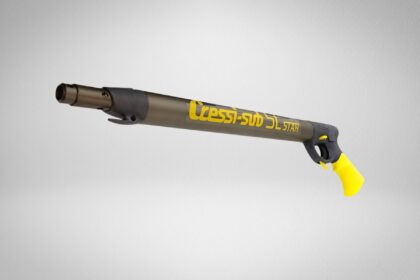 Cressi SL Star pneumatic speargun at an angle with yellow lettering and yellow pistol grip