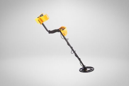 Garrett Ace 150 metal detector with yellow control housing, black shaft and small round search coil