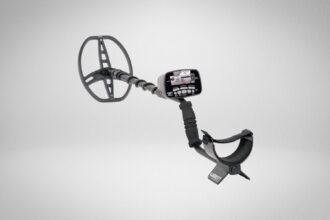 Garrett AT Pro metal detector with large elliptical search coil, LCD control box and padded armrest