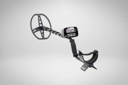 Garrett AT Pro metal detector with large elliptical search coil, LCD control box and padded armrest