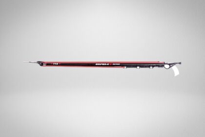 Pathos Sniper Roller 115 speargun in profile, red and black barrel with white grip