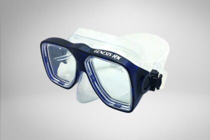 Genesis SL RX prescription dive mask with a blue frame, twin lenses and a clear skirt