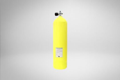 Catalina S80 aluminum scuba tank in yellow with a white warning label and chrome valve