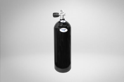 Faber HP 100 steel scuba cylinder in glossy black with an oval brand decal and chrome valve