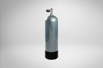 Faber HP 120 steel scuba cylinder in grey with a flat black boot and chrome valve