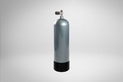 Faber HP 120 steel scuba cylinder in grey with a flat black boot and chrome valve