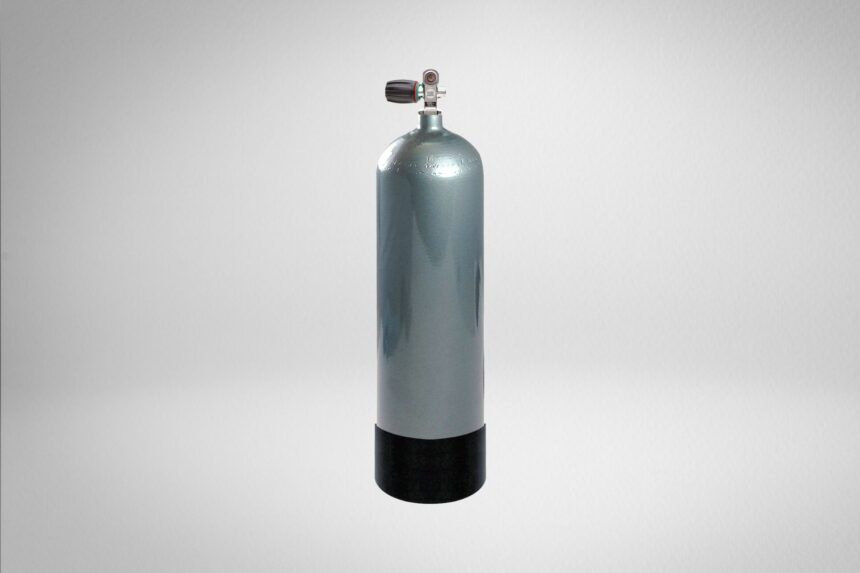 Faber HP 120 steel scuba cylinder in grey with a flat black boot and chrome valve