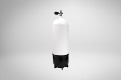 Faber HP 80 steel scuba cylinder in white with a black rubber boot and chrome valve