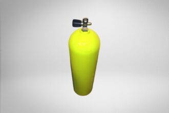 Sherwood C100 scuba cylinder in bright yellow with a chrome valve and black handwheel