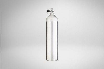 Edge CYL-TEC 80 aluminum scuba cylinder with a brushed silver finish and black valve handwheel