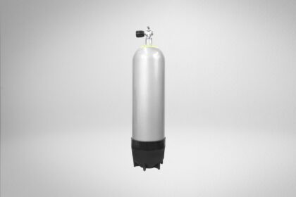 Faber LP 50 CF steel scuba cylinder in silver with a black finned boot and chrome valve