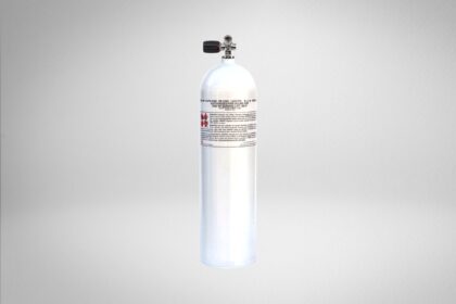 Luxfer Limited 106 aluminum scuba cylinder in bare silver with a printed safety label and chrome valve
