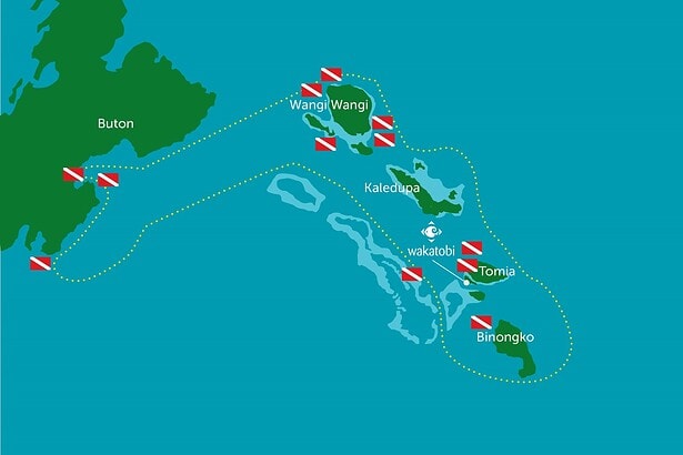 Map of the Wakatobi archipelago showing the Pelagian liveaboard's dive site route