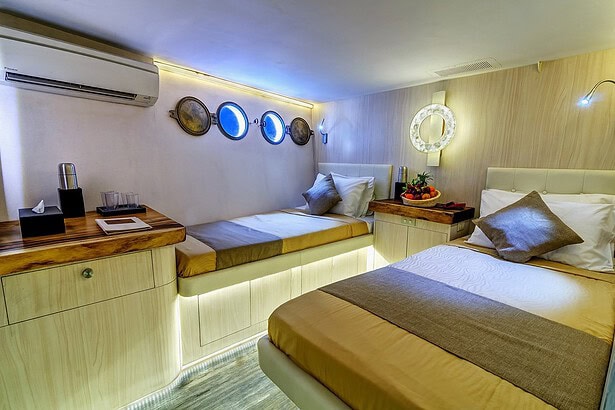 Twin-bed cabin aboard the Pelagian with porthole windows and warm lighting