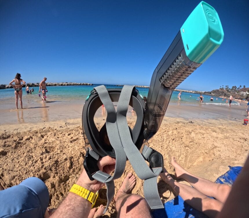 Seaview 180 V3 Straps And Tube Seaview 180 V3 mask held up by its head strap with the snorkel tube pointing skyward