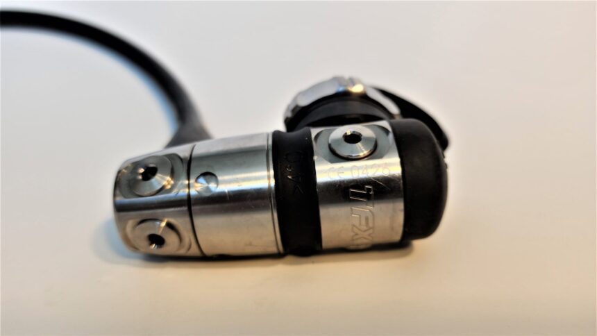 Titanium first stage of the Atomic Aquatics TFX with the TFX marking stamped on its body