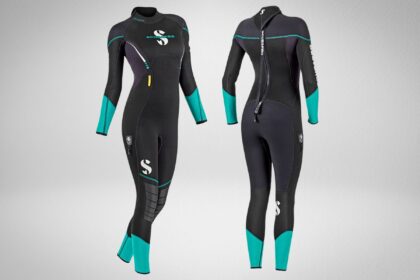 ScubaPro Sport Steamer women's 5mm wetsuit shown front and back in black with teal panels