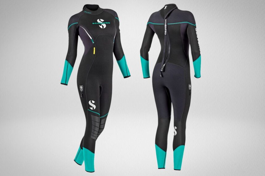 ScubaPro Sport Steamer women's 5mm wetsuit shown front and back in black with teal panels