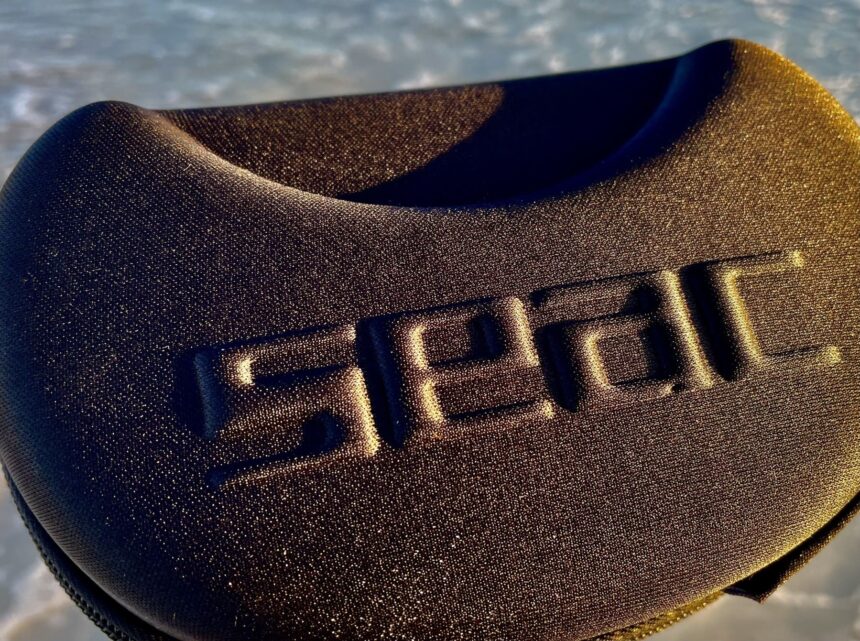 Close-up of the textured SEAC semi-rigid mask case with the brand name embossed on top