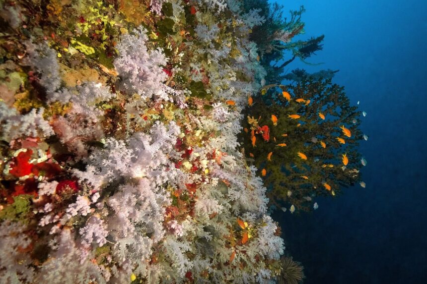Fijian reef wall carpeted in pale white soft corals with anthias swarming a black coral tree