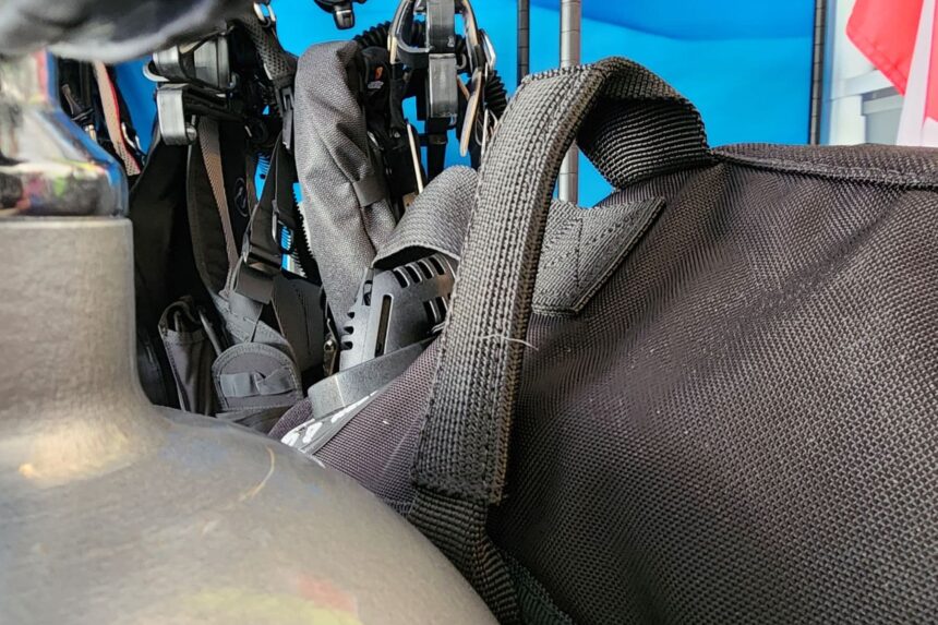 Webbing carry handle stitched to the top of the Cressi Aquawing wing above the tank