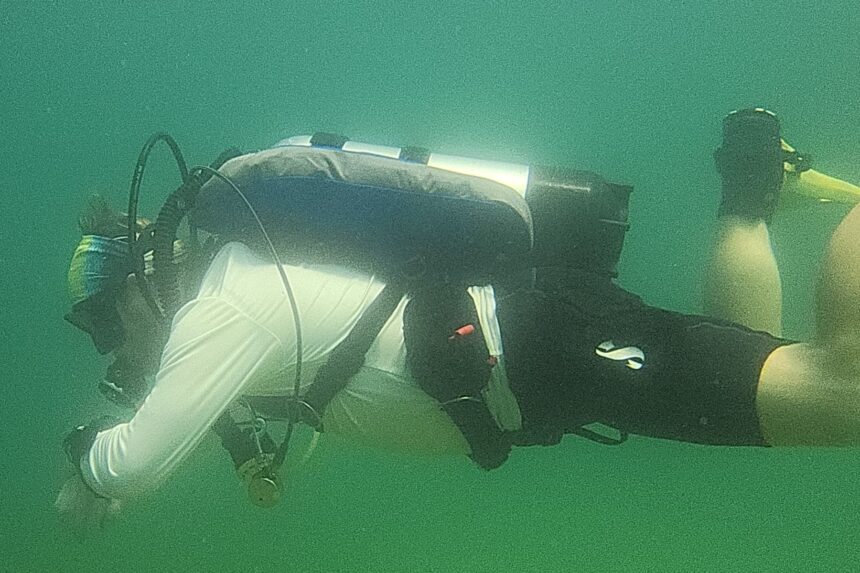 DIVEIN tester swimming underwater in the Dive Rite Hydro Lite with the wing sitting close to the tank