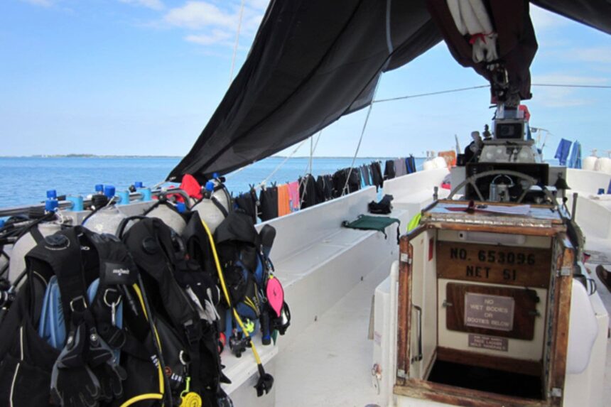 Wetsuits and scuba gear drying along the deck rail of a liveaboard