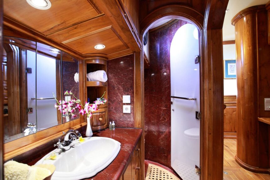 marble ensuite bathroom with walk in shower aboard the Adelaar