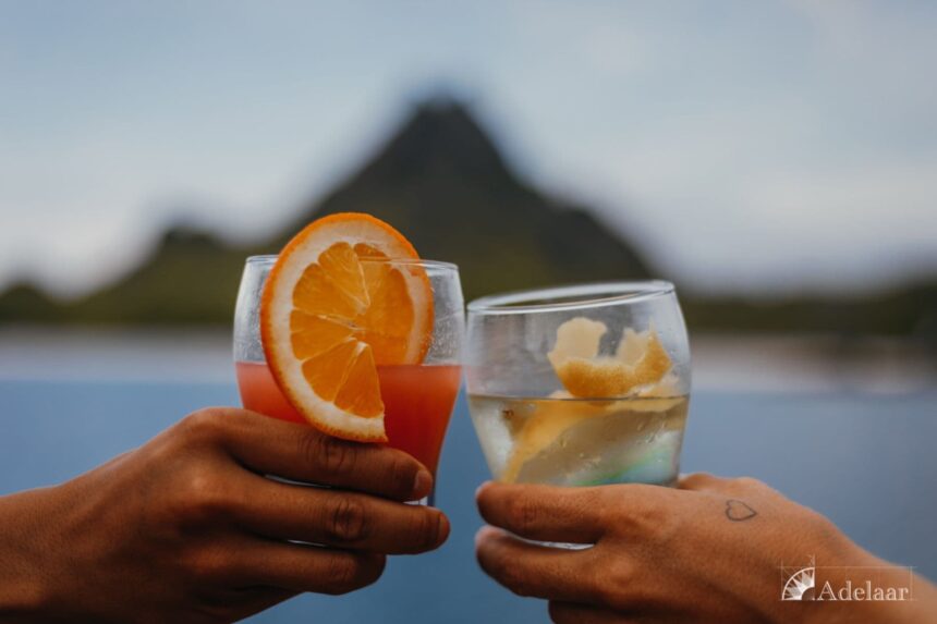 two cocktails toasted together with a mountain silhouette in the background