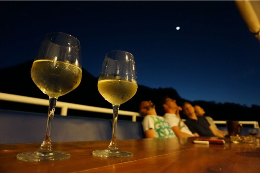 two glasses of wine on a table with guests relaxing under a starry sky