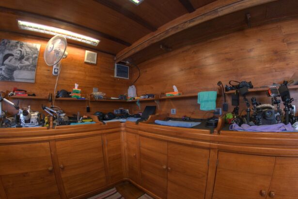 Camera room aboard the Damai II lined with underwater photography gear