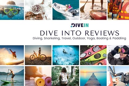 Grid of diving, snorkeling, paddling and outdoor adventure photos surrounding the DIVEIN Dive Into Reviews logo