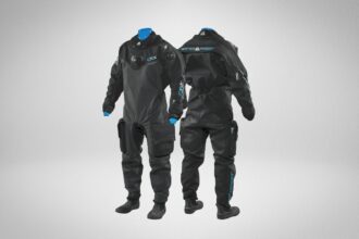 Waterproof D1X Hybrid drysuit shown front and back with thigh pockets and blue trim