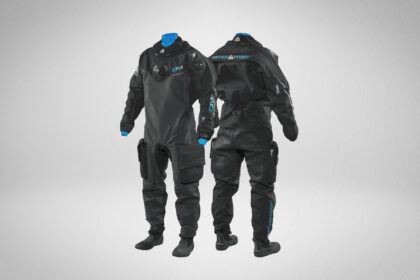 Waterproof D1X Hybrid drysuit shown front and back with thigh pockets and blue trim
