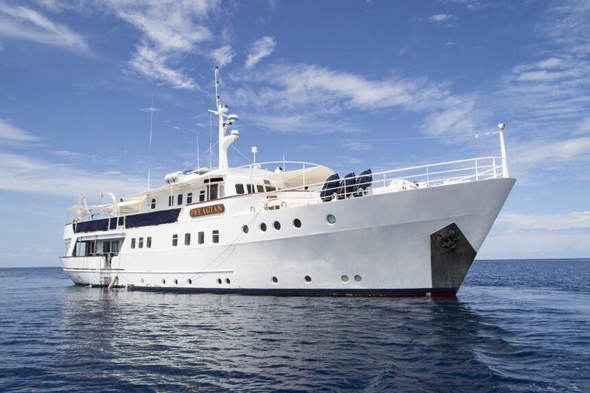 Pelagian dive yacht anchored under a blue sky