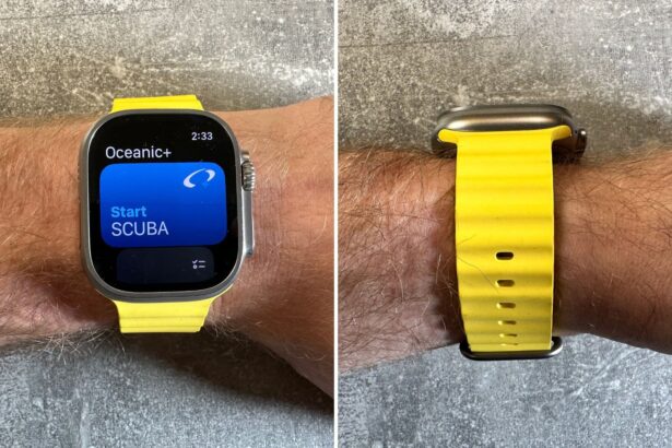 The apple watch ultra dive computer on a male wrist (7.4 inches in diameter).