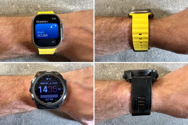 The apple watch ultra dive computer vs. Garmin Descent MK2i on a male wrist