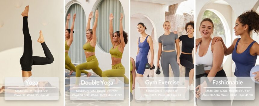 Four-panel banner of women modelling yoga and gym outfits, each panel labelled with the model's size